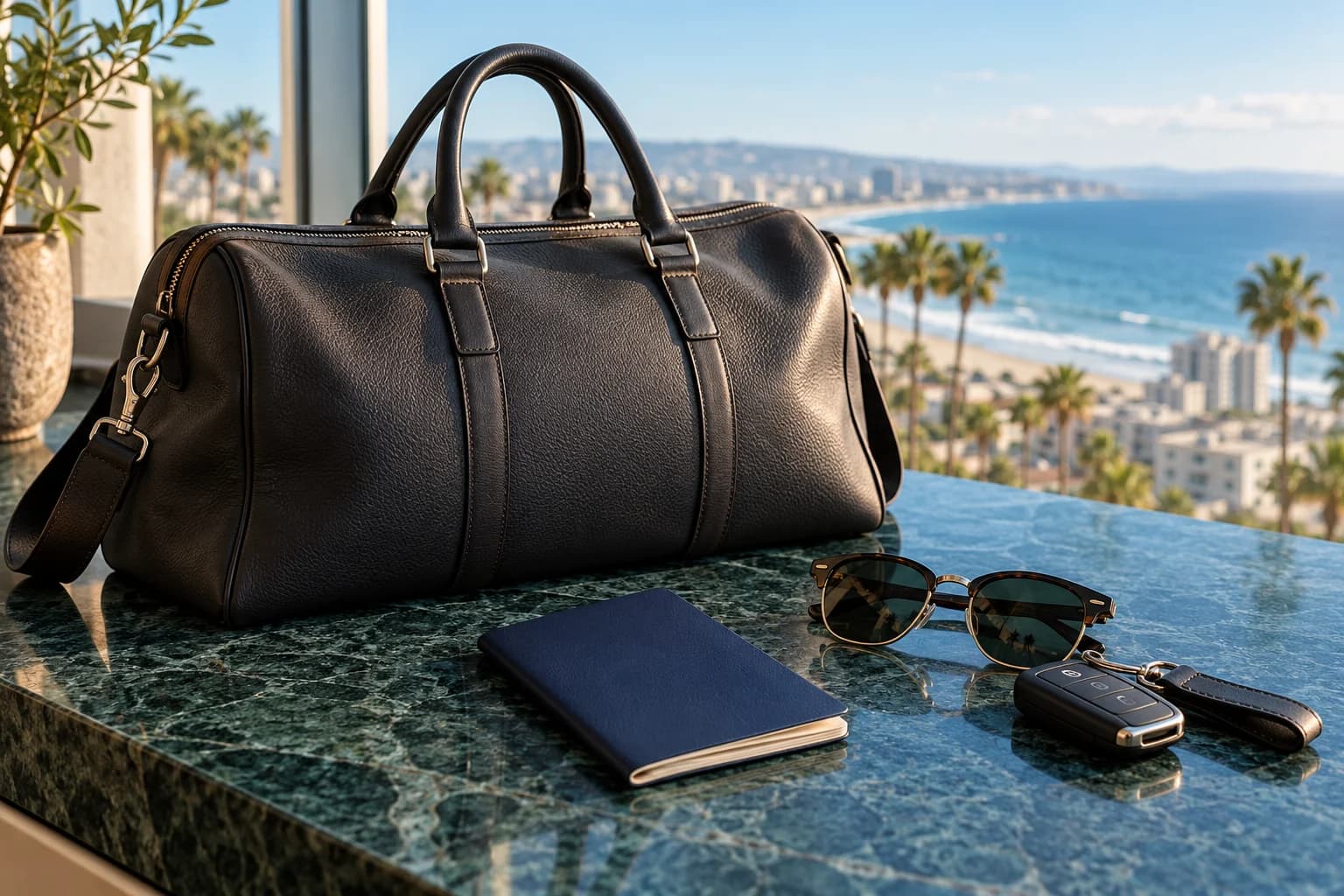 Travel bag, passport booklet and sunglasses beside a sunlit coastal window