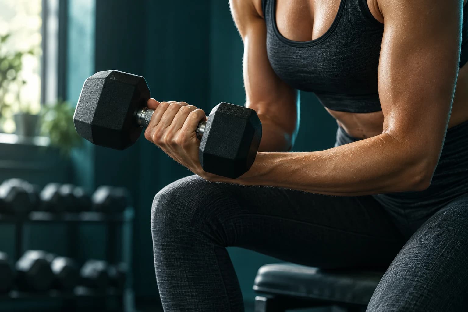 Close-up of a woman performing a controlled dumbbell strength exercise