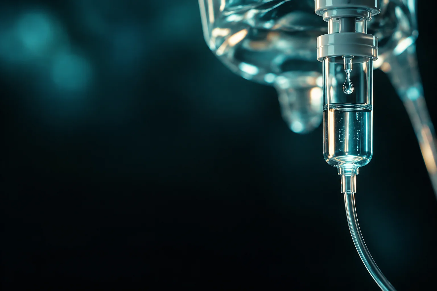 Close-up of an IV infusion chamber in soft aqua light
